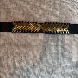 Balmain H&M Black Leather Belt with Gold Chevron Hardware